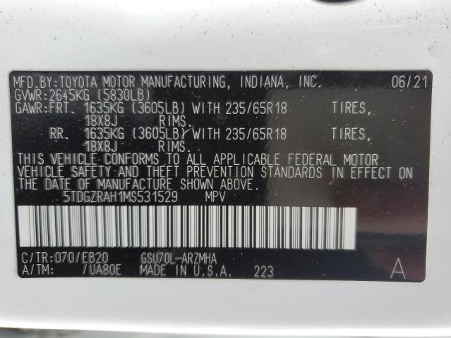 5TDGZRAH1MS531529 - 2021 TOYOTA HIGHLANDER XLE WHITE photo 14