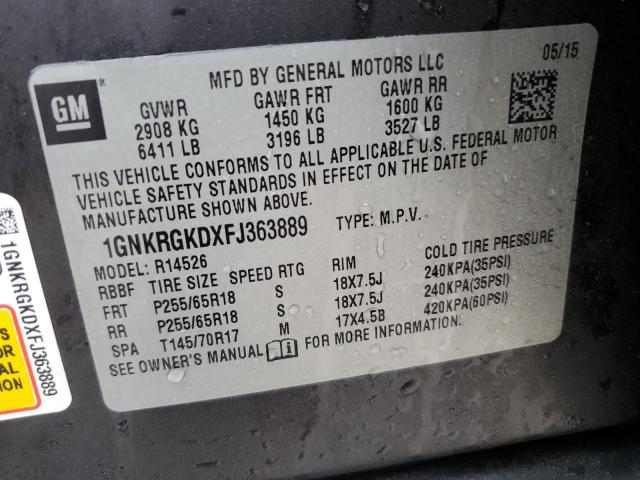 1GNKRGKDXFJ363889 - 2015 CHEVROLET TRAVERSE LT CHARCOAL photo 12