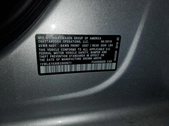 1VWLA7A30KC003071 - 2019 VOLKSWAGEN PASSAT WOLFSBURG SILVER photo 12
