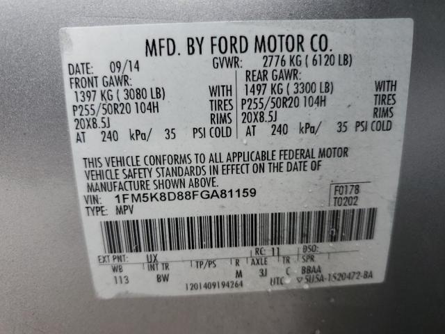 1FM5K8D88FGA81159 - 2015 FORD EXPLORER XLT SILVER photo 13