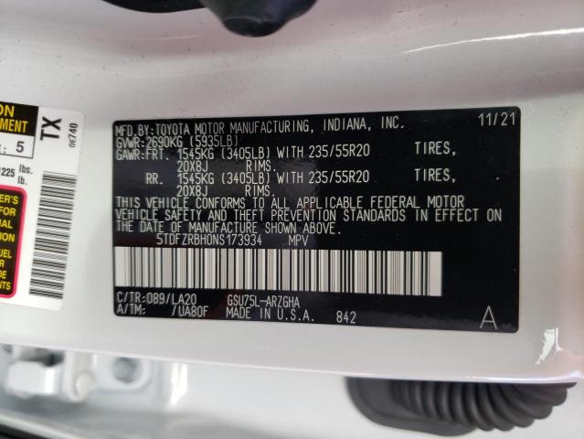 5TDFZRBH0NS173934 - 2022 TOYOTA HIGHLANDER PLATINUM WHITE photo 14