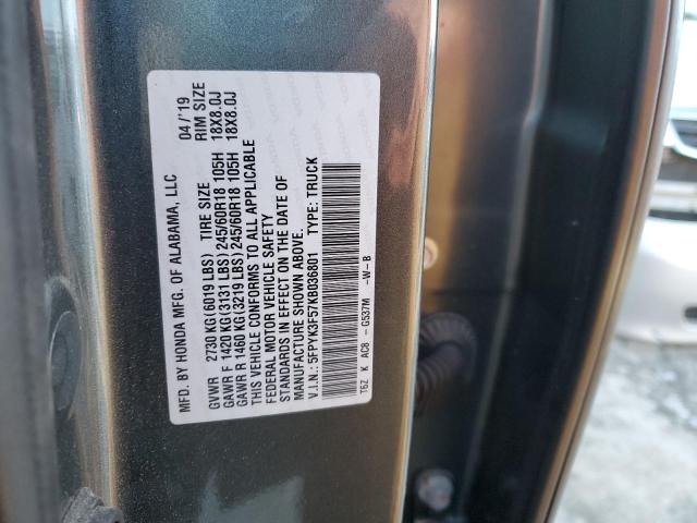 5FPYK3F57KB036801 - 2019 HONDA RIDGELINE RTL GRAY photo 12