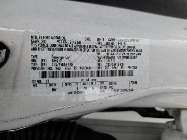 1FAHP3F21CL261249 - 2012 FORD FOCUS SE WHITE photo 12