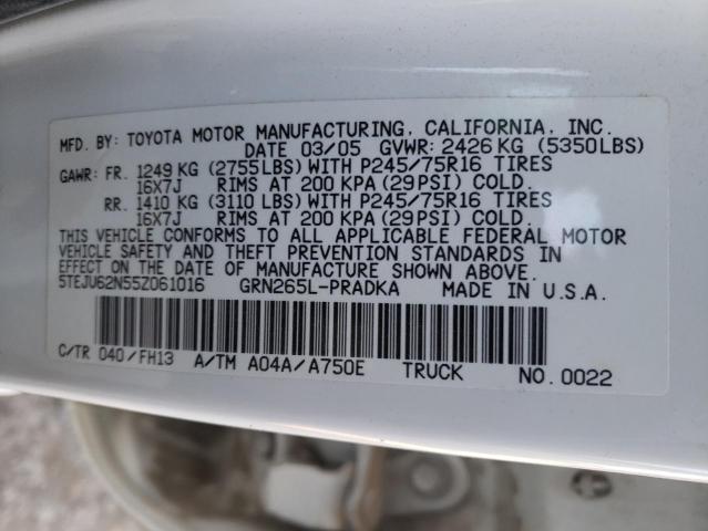5TEJU62N55Z061016 - 2005 TOYOTA TACOMA DOUBLE CAB PRERUNNER WHITE photo 12