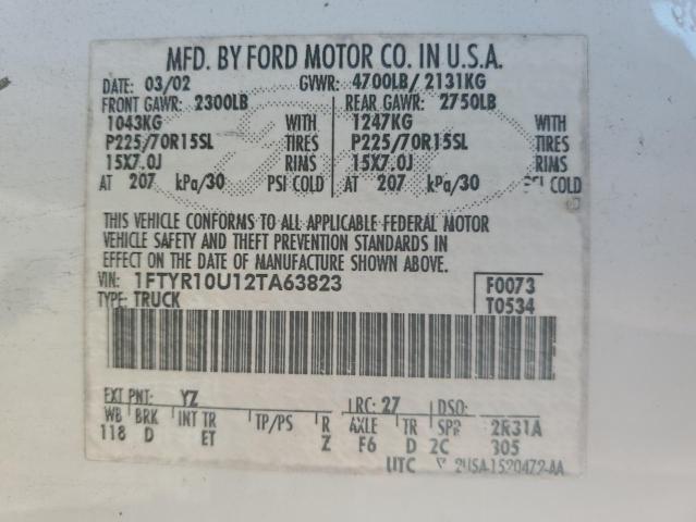 1FTYR10U12TA63823 - 2002 FORD RANGER WHITE photo 12