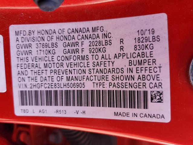 2HGFC2E83LH506905 - 2020 HONDA CIVIC SPORT 红色 照片 12
