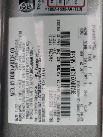 3FAHP02138R168558 - 2008 FORD FUSION SEL SILVER photo 12