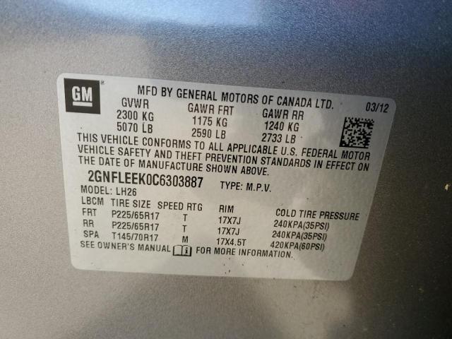 2GNFLEEK0C6303887 - 2012 CHEVROLET EQUINOX LT GRAY photo 12