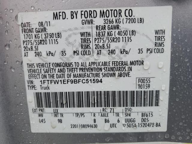 1FTFW1EF9BFC51594 - 2011 FORD F150 SUPERCREW SILVER photo 12