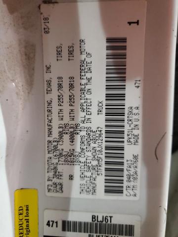 5TFRM5F10JX129647 - 2018 TOYOTA TUNDRA DOUBLE CAB SR/SR5 WHITE photo 12