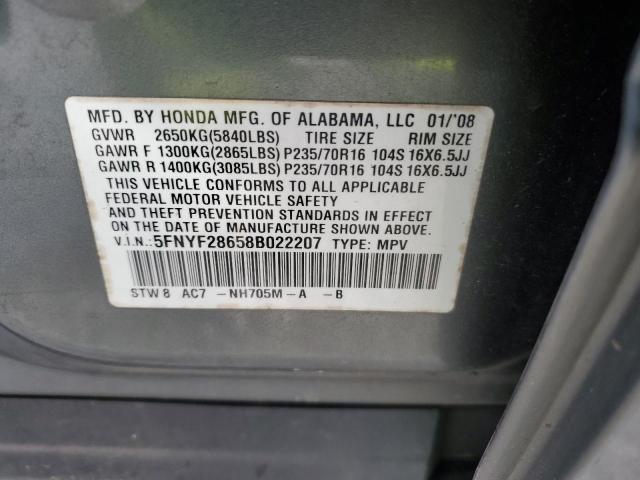 5FNYF28658B022207 - 2008 HONDA PILOT EXL GRAY photo 13