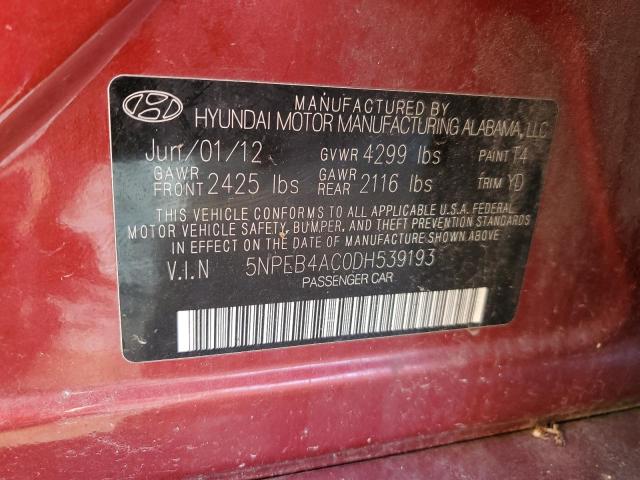 5NPEB4AC0DH539193 - 2013 HYUNDAI SONATA GLS RED photo 12