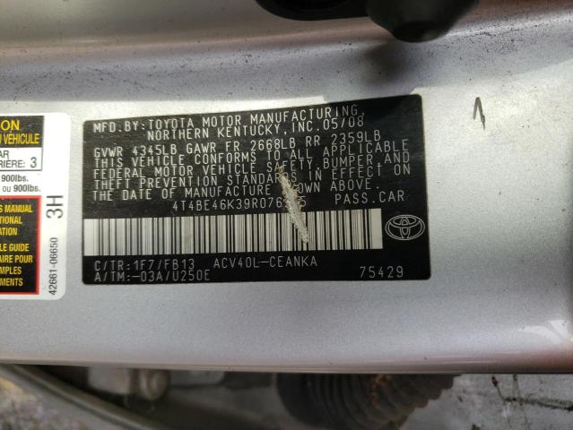 4T4BE46K39R076295 - 2009 TOYOTA CAMRY BASE SILVER photo 12