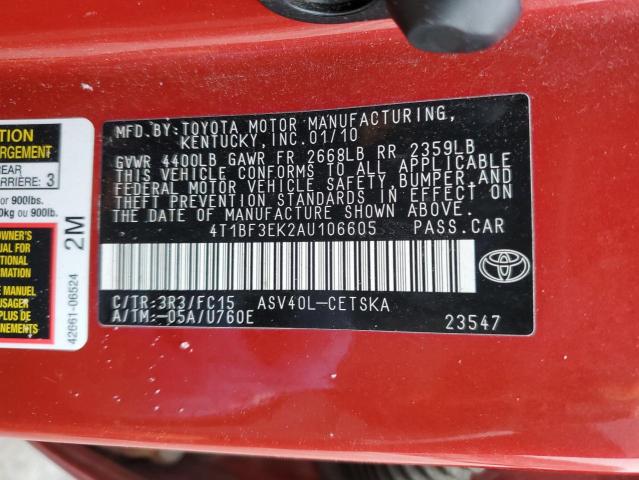 4T1BF3EK2AU106605 - 2010 TOYOTA CAMRY BASE RED photo 12