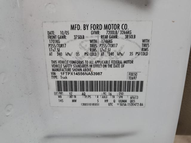 1FTPX14556NA53987 - 2006 FORD F150 WHITE photo 12