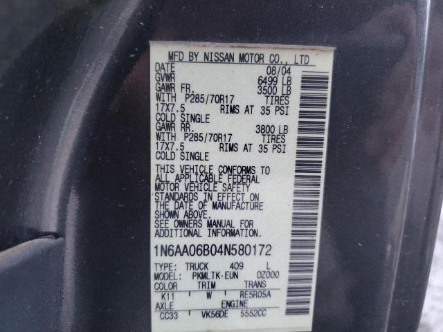 1N6AA06B04N580172 - 2004 NISSAN TITAN XE GRAY photo 12