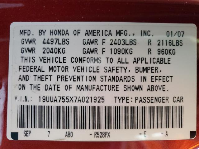 19UUA755X7A021925 - 2007 ACURA TL TYPE S RED photo 12