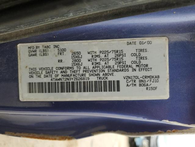 4TAWN72N3YZ626819 - 2000 TOYOTA TACOMA XTRACAB BLUE photo 12