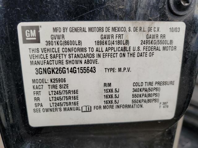 3GNGK26G14G155643 - 2004 CHEVROLET SUBURBAN K2500 BLACK photo 14