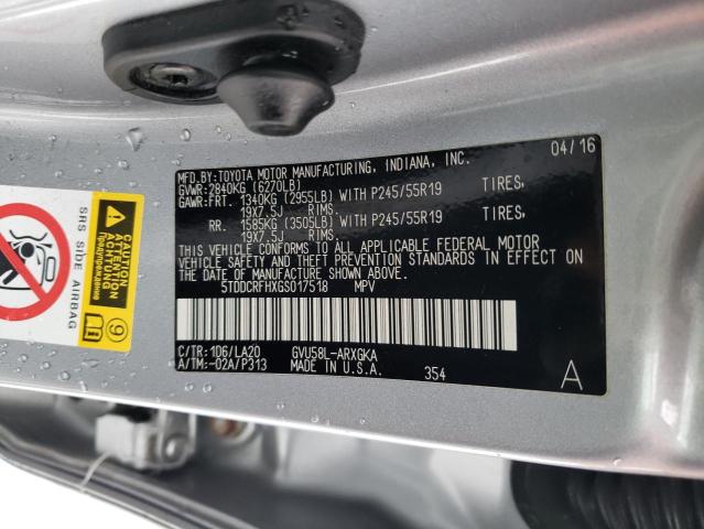 5TDDCRFHXGS017518 - 2016 TOYOTA HIGHLANDER HYBRID LIMITED SILVER photo 13