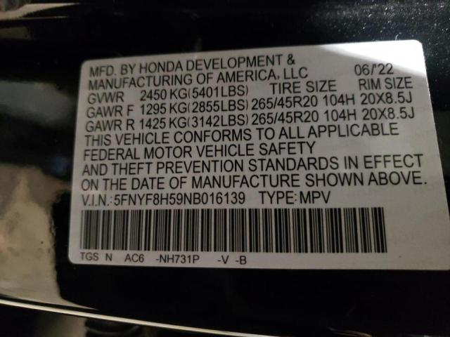 5FNYF8H59NB016139 - 2022 HONDA PASSPORT EXL შავი ფოტო 12
