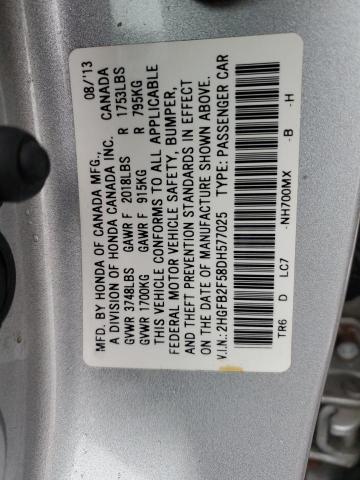 2HGFB2F58DH577025 - 2013 HONDA CIVIC LX SILVER photo 12