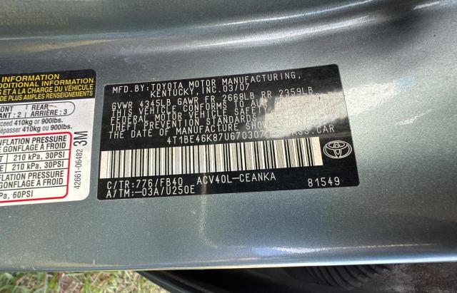 4T1BE46K87U670307 - 2007 TOYOTA CAMRY CE BLUE photo 10