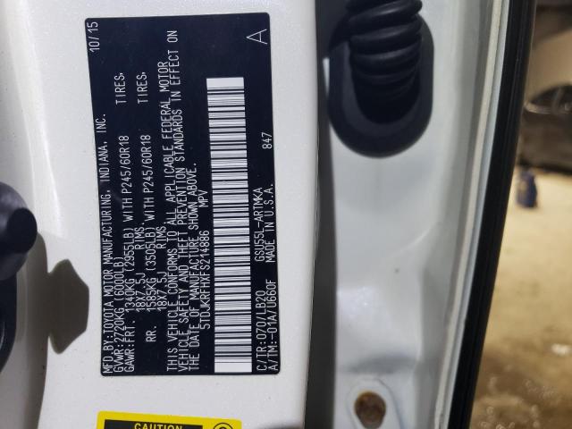 5TDJKRFHXFS214886 - 2015 TOYOTA HIGHLANDER XLE თეთრი ფოტო 13