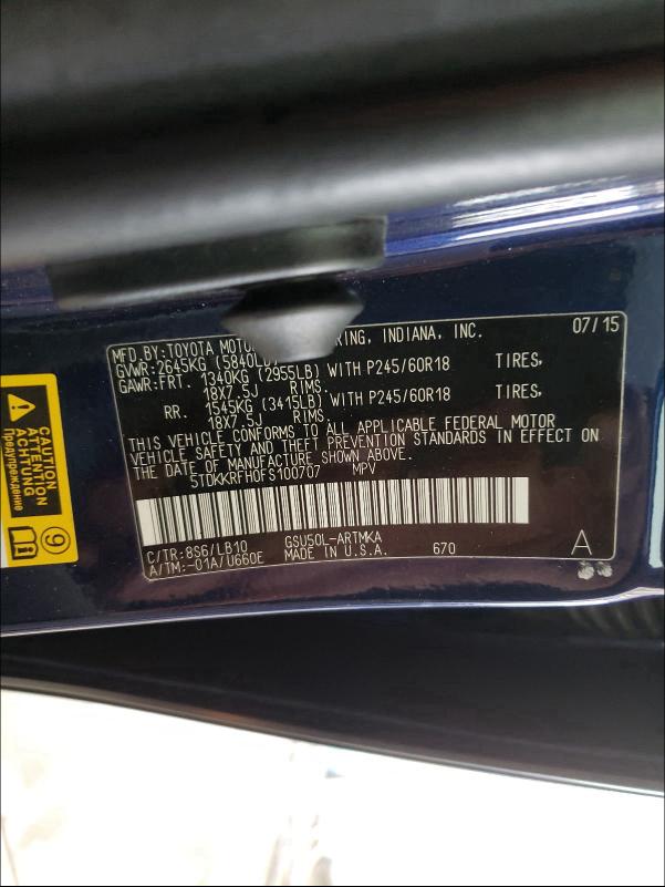 5TDKKRFH0FS100707 - 2015 TOYOTA HIGHLANDER XLE BLUE photo 10