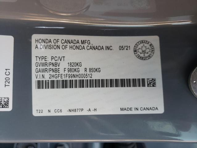 2HGFE1F99NH000512 - 2022 HONDA CIVIC TOURING GRAY photo 13