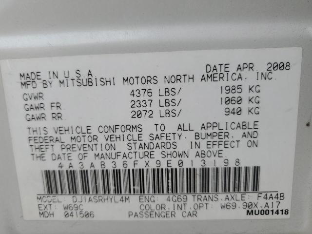 4A3AB36FX9E013198 - 2009 MITSUBISHI GALANT ES WHITE photo 12