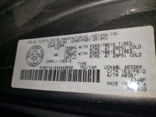 5TBBT44184S449898 - 2004 TOYOTA TUNDRA ACCESS CAB SR5 GRAY photo 12