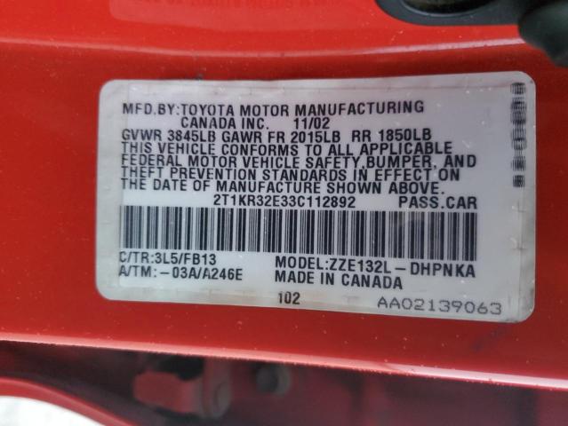 2T1KR32E33C112892 - 2003 TOYOTA COROLLA MA XR RED photo 12
