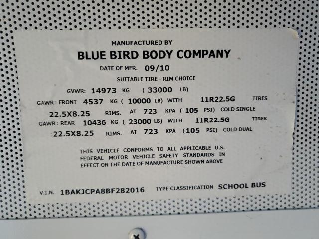 1BAKJCPA8BF282016 - 2011 BLUE BIRD SCHOOL BUS YELLOW photo 10