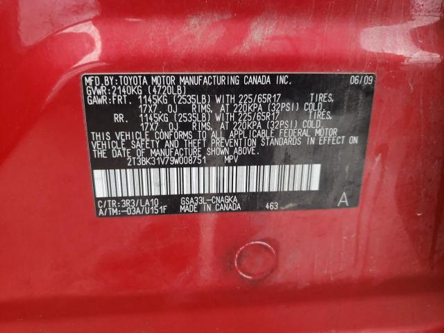 2T3BK31V79W008751 - 2009 TOYOTA RAV4 LIMITED RED photo 12