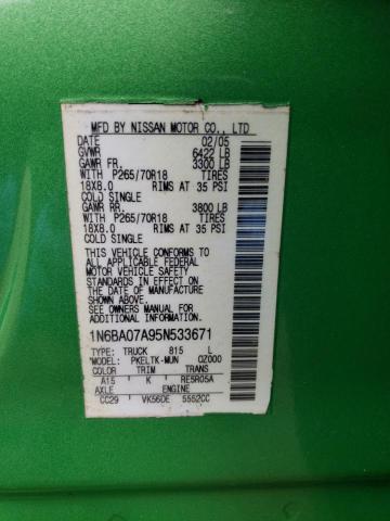 1N6BA07A95N533671 - 2005 NISSAN TITAN XE GREEN photo 12