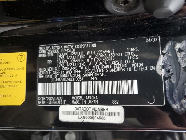 JTJHA31U340010057 - 2004 LEXUS RX 330 BLACK photo 12