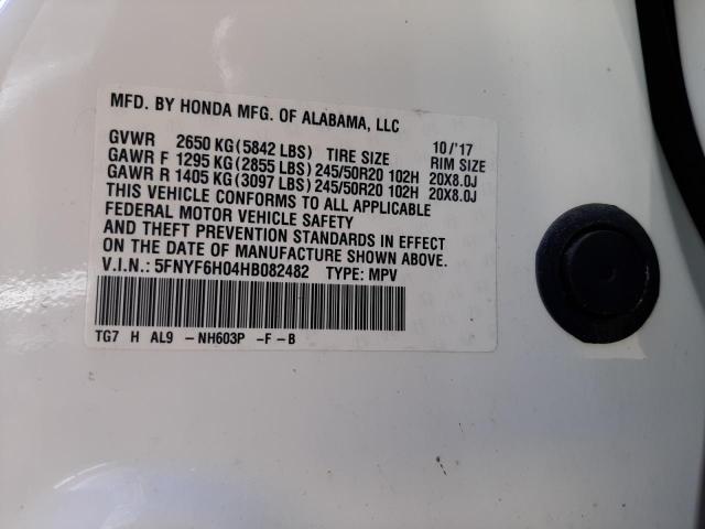 5FNYF6H04HB082482 - 2017 HONDA PILOT ELITE WHITE photo 14