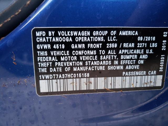 1VWDT7A37HC015158 - 2017 VOLKSWAGEN PASSAT R-LINE Mavi foto 10