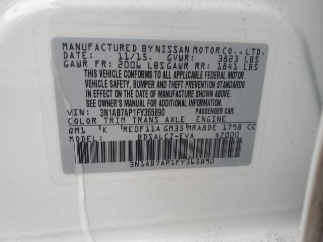 3N1AB7AP1FY365890 - 2015 NISSAN SENTRA S WHITE photo 12