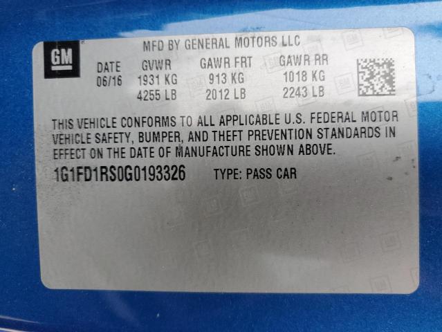 1G1FD1RS0G0193326 - 2016 CHEVROLET CAMARO LT BLUE photo 12