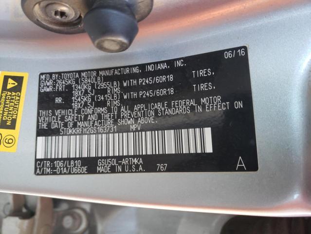 5TDKKRFH2GS163731 - 2016 TOYOTA HIGHLANDER XLE ვერცხლისფერი ფოტო 10