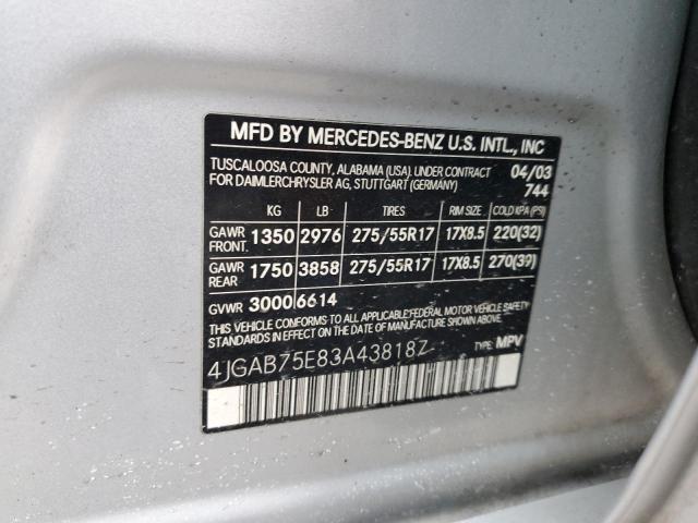 4JGAB75E83A438187 - 2003 MERCEDES-BENZ ML 500 SILVER photo 13