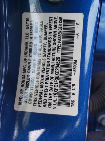 19XFC1F30KE204526 - 2019 HONDA CIVIC EX BLUE photo 12