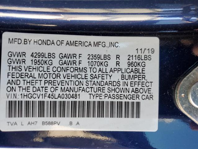 1HGCV1F45LA030481 - 2020 HONDA ACCORD EX BLUE photo 12