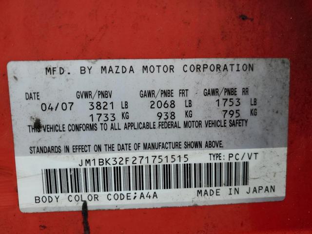 JM1BK32F271751515 - 2007 MAZDA 3 I RED photo 12