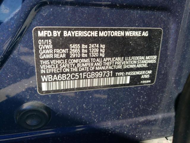 WBA6B2C51FGB99731 - 2015 BMW 650 I GRAN COUPE BLUE photo 12
