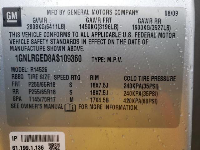 1GNLRGED8AS109360 - 2010 CHEVROLET TRAVERSE LT SILVER photo 13