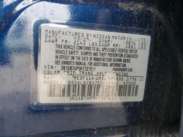 3N1AB7AP9KY327611 - 2019 NISSAN SENTRA S BLUE photo 12