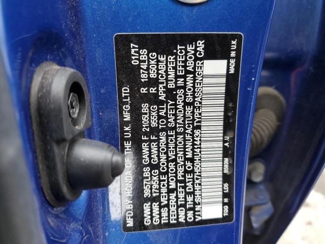 SHHFK7H50HU414436 - 2017 HONDA CIVIC EX BLUE photo 13